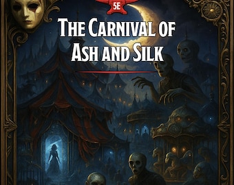 Peut inclure: Illustration de couverture de livre pour "The Carnival of Ash and Silk" représentant un carnaval gothique. L'image montre une lune en croissant, des figures squelettiques et une femme en longue robe. Le titre "The Carnival of Ash and Silk" est affiché.