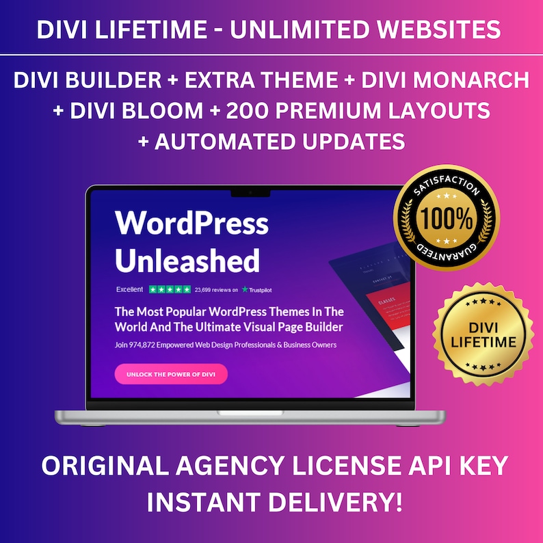 Op de afbeelding: Een laptopscherm dat een website voor WordPress Unleashed, een websitebouwer, weergeeft. De website is roze en wit met de tekst "WordPress Unleashed" in een groot, vet lettertype. De tekst "The Most Popular WordPress Themes In The World And The Ultimate Visual Page Builder" wordt ook op het scherm weergegeven. De laptop staat op een roze achtergrond met de tekst "DIVI LIFETIME - UNLIMITED WEBSITES" bovenaan en "ORIGINAL AGENCY LICENSE API KEY INSTANT DELIVERY!" onderaan.