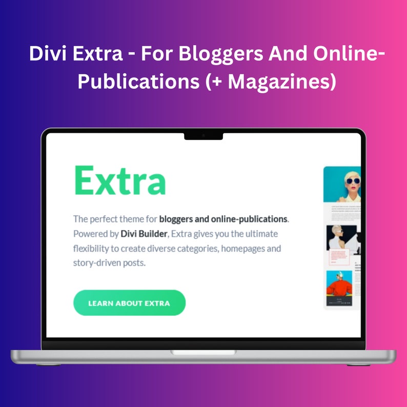 Op de afbeelding: Een laptopscherm dat een website voor het WordPress-thema Divi Extra weergeeft. De website heeft een groene knop met de tekst "LEARN ABOUT EXTRA" en tekst die luidt: "Het perfecte thema voor bloggers en online-publicaties. Aangedreven door Divi Builder, geeft Extra je de ultieme flexibiliteit om diverse categorie&euml;n, homepages en story-driven berichten te maken."