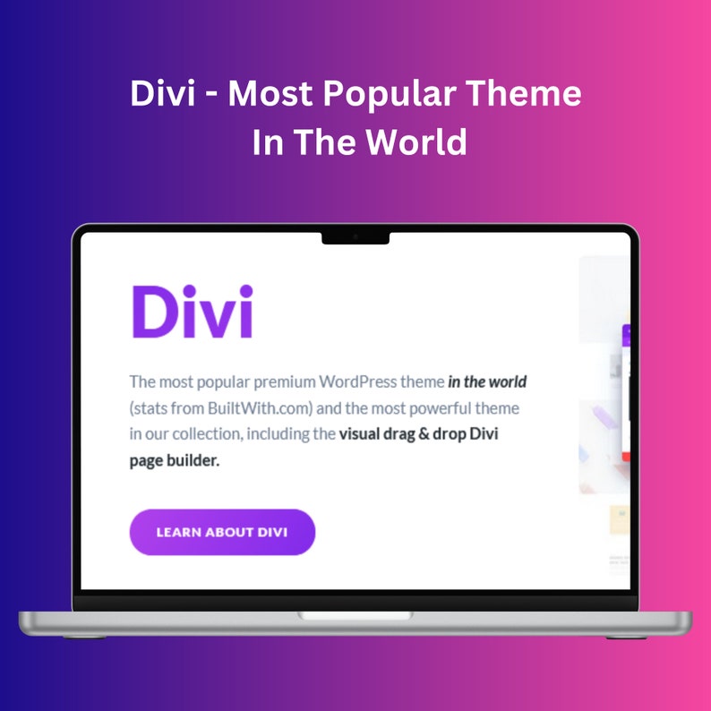 Op de afbeelding: Een laptopscherm dat een website weergeeft met de tekst "Divi - Populairste Thema ter Wereld" en een knop met de tekst "MEER OVER DIVI LEZEN". De website promoot een WordPress-thema genaamd Divi.