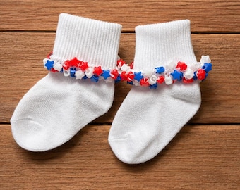 Summer Beaded Kids Socks Bundle | Patriotic Stars, Iridescent Charms & Rainbow Beads | Handmade Toddler Socks