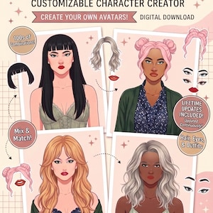 Op de afbeelding: Een digitale Woman Facebuilder karakter-creatiekit met vier geïllustreerde avatars met diverse kapsels, outfits en gelaatstrekken. De afbeelding bevat tekstlabels zoals 100s of Combinations, Mix & Match en Lifetime Updates Included.