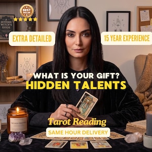 May include: A person with long dark hair sits at a table with tarot cards, candles, and crystals. Text overlays read: EXTRA DETAILED, 15 YEAR EXPERIENCE, WHAT IS YOUR GIFT? HIDDEN TALENTS, Tarot Reading, and SAME HOUR DELIVERY. A bookshelf is visible.