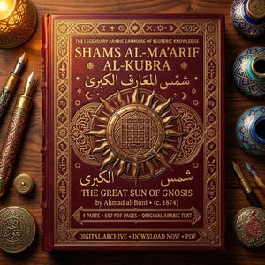 May include: A deep red hardcover book titled Shams Al-Ma'arif Al-Kubra, featuring a prominent gold sun emblem at the center, intricate geometric borders, and Arabic calligraphy. The cover includes the text The Great Sun of Gnosis by Ahmad al-Buni.