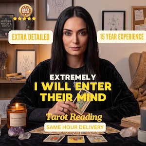 May include: A person with long dark hair wearing a black sweater sits at a table with tarot cards, a lit candle in a glass jar, a grey pillar candle, and crystals. Text overlays read: EXTRA DETAILED, 15 YEAR EXPERIENCE, EXTREMELY I WILL ENTER THEIR MIND, Tarot Reading, SAME HOUR DELIVERY.