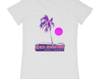 Women's organic cotton t-shirt – Palm tree & sunset – Pink beach vibe