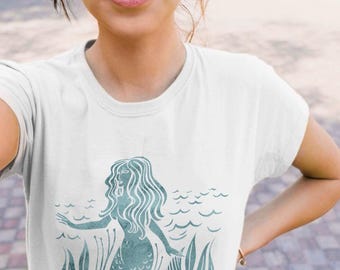Women's organic cotton t-shirt - stylized watercolor mermaid - sea illustration - boho artistic t-shirt - summer beach gift