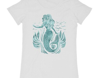 Women's organic cotton t-shirt - stylized watercolor mermaid - sea illustration - boho artistic t-shirt - summer beach gift