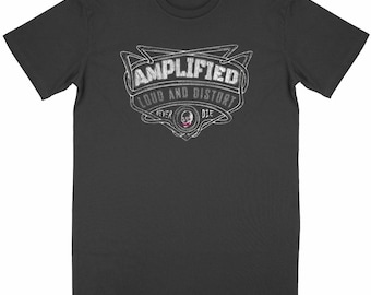 Organic cotton unisex rock t-shirt - Amplified guitar logo - Ethical music t-shirt