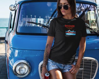 Unisex organic cotton shark surf t-shirt – "Beware: You're Not Alone!" – ocean humor t-shirt – fun graphic style – surfer gift idea