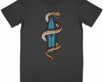Organic cotton t-shirt - Unisex - 150g - "Venomous Waves 1" - snake & surfboard - alternative surf t-shirt