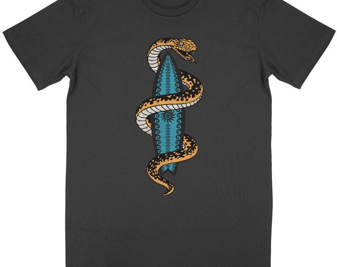 Organic cotton t-shirt - Unisex - 150g - "Venomous Waves 1" - snake & surfboard - alternative surf t-shirt