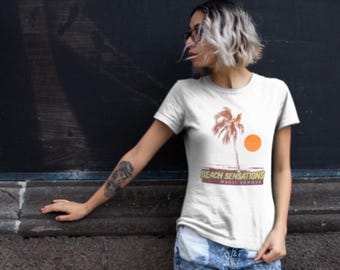 Unisex organic cotton t-shirt – Beach Sensations – sunset palm tree, eco-friendly surf style
