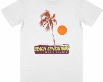 Unisex organic cotton t-shirt – Beach Sensations – sunset palm tree, eco-friendly surf style