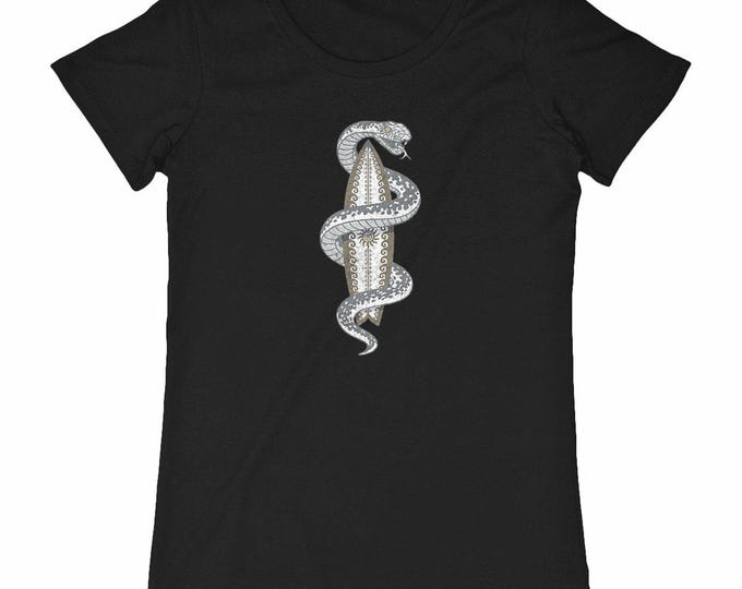 Featured listing image: Women's organic cotton surf t-shirt - Snake & wave design - Venomous Waves 2