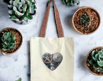 Recycled eco-friendly tote bag – Mechanical bicycle heart – Original creation – Red or blue handles