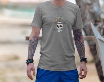 Unisex organic cotton surf t-shirt – "Surf the Land" – Island skull & surfboard