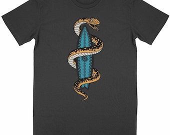 Unisex organic cotton surf t-shirt – Venomous Waves 1 – snake & surfboard – alternative surf t-shirt – ethical dark surf look