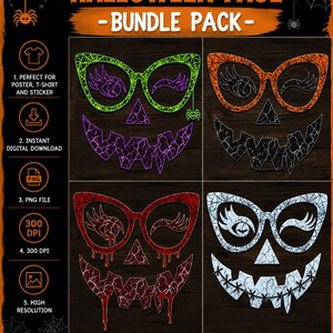 Peut inclure: Un pack numérique de visages d'Halloween comprenant quatre designs de citrouilles avec des lunettes œil-de-chat, des cils et des bouches dentelées. Les graphismes présentent des textures de toiles d'araignée et de craquelures en vert, orange, rouge et blanc.
