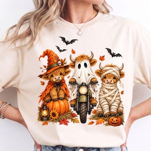 Halloween Highland Cow PNG, Witch Ghost Mummy Cow Costume Sublimation, Cute Fall Cow Trio Design, Spooky Autumn T-Shirt Clipart