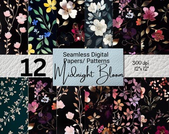 12 Seamless wildflower Patterns with gold foil accents on Dark Background, Tiny Floral Digital Papers For Scrapbooking, Crafting, Printing