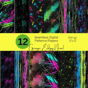 May include: A set of 12 digital seamless patterns featuring neon colors and grunge textures. The patterns are 12 inches by 12 inches and 300 dpi.