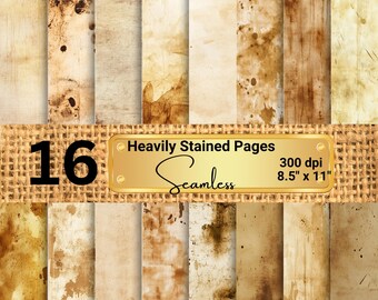 16 Stained Pages for Junk Journals, Scrapbooking, Crafts | Vintage Aged Grunge Paper, Coffee Stained Old Paper, Tea Stained Parchment Paper