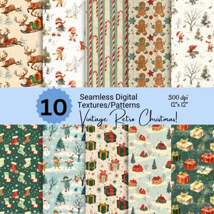 10 Seamless Vintage Retro Christmas digital Papers | Festive vintage Xmas prints for Holiday projects and crafts | Christmas Ephemera
