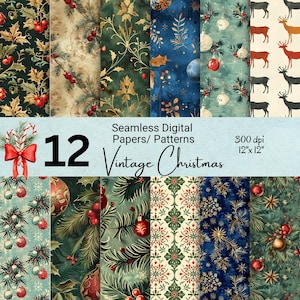 12 Vintage Retro Weihnachten Themed Nahtlose Muster | Festliche Digital-Papiere für Feiertags-Handwerk, Partei, Druckprojekte, Backdrop, Design