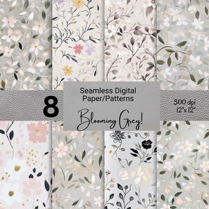May include: Set of eight digital paper patterns featuring floral designs in shades of grey, pink, and gold. The patterns are seamless and can be used for a variety of crafting projects.
