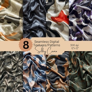 May include: Eight seamless digital textures and patterns featuring a silky camo design in various colors. Each pattern is 12 inches by 12 inches and 300 dpi.