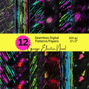 Puede incluir: Doce patrones digitales sin costuras o papeles con un tema grunge eléctrico neón. Los patrones presentan colores neón brillantes como rosa, azul, verde y amarillo sobre un fondo negro. Cada patrón mide 12 pulgadas por 12 pulgadas y 300 dpi.