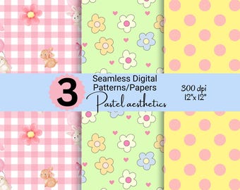 3 bundle digital paper pattern | Gingham floral and polka dot design | soft pastel seamless prints for commercial use | Instant download