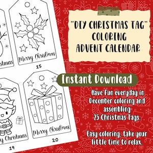 Printable Christmas Tag Advent Calendar | 24 Coloring PDF Decorations | Instant Download Fun