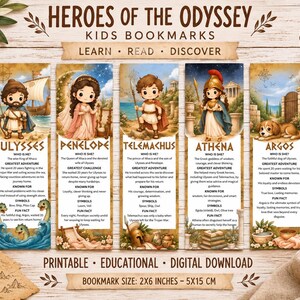 Può includere: Cinque segnalibri educativi intitolati Heroes of the Odyssey con illustrazioni in stile chibi di Ulisse, Penelope, Telemaco, Atena e Argo. Ogni segnalibro include fatti, simboli e curiosità. La dimensione è di 5x15 cm.