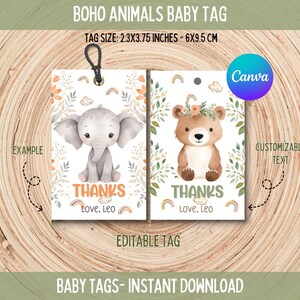 Printable Boho Animals Baby Gift Tags, Editable Baby tag, Baby Favor Tags, Instant Download, DIY Printable Baby Tags