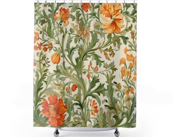 William Morris Duschvorhang, botanisches orangefarbenes und grünes Blumenmuster, Badezimmer-Dekoration