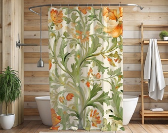 William Morris Shower Curtain Botanical Orange and Green Floral Pattern Bathroom Decor