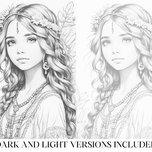 May include: A black and white line drawing of a woman with long, flowing hair. She is wearing a floral crown and a necklace with beads. The image is a coloring page.