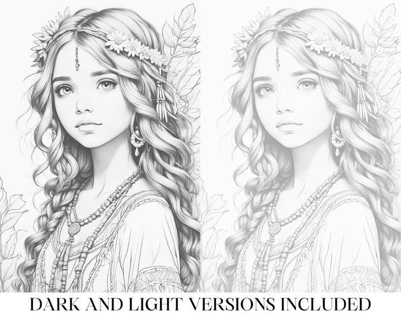 May include: A black and white line drawing of a woman with long, flowing hair. She is wearing a floral crown and a necklace with beads. The image is a coloring page.