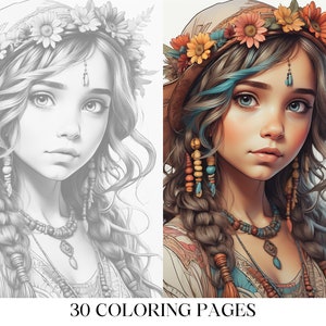 May include: A black and white line drawing of a young woman with long, flowing hair wearing a flower crown and beaded jewelry. The woman has a serene expression on her face.