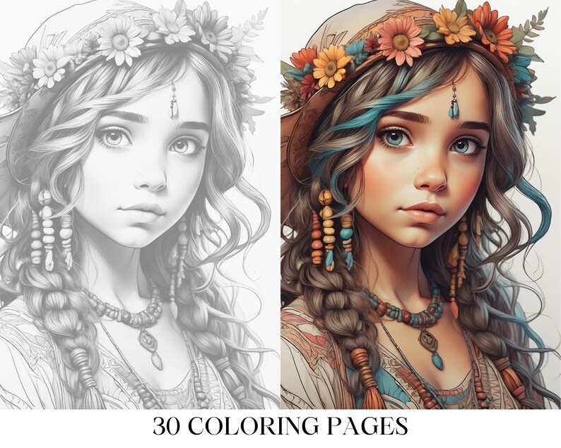May include: A black and white line drawing of a young woman with long, flowing hair wearing a flower crown and beaded jewelry. The woman has a serene expression on her face.