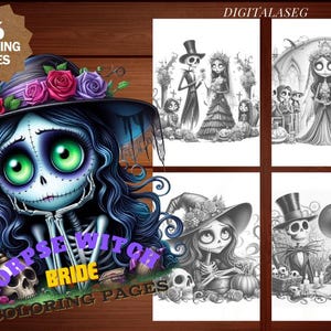 May include: A digital art print featuring a spooky witch bride with green eyes, wearing a hat adorned with roses. The image includes the text "Corpse Witch Bride Coloring Pages" and "66 Coloring Pages". Additional black and white illustrations are also included.