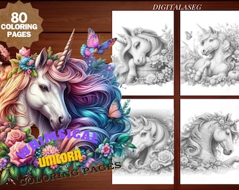 Unicorn Coloring Book: 80 Whimsical Pages, Grayscale (Printable PDF)
