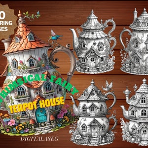 Whimsical Teapot Fairy Houses Coloring Pages (60) Adult & Kid Coloring Book, Grayscale, light grayscale, Instant Download, Printable PDF.