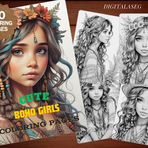 May include: A set of 30 coloring pages featuring cute boho girls with long flowing hair, floral crowns, and intricate jewelry. The pages are black and white and ready to be colored.