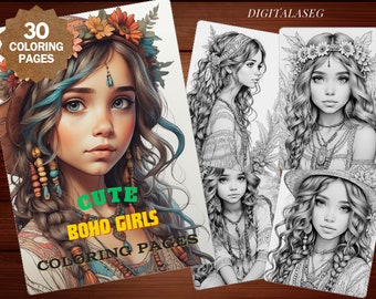 May include: A set of 30 coloring pages featuring cute boho girls with long flowing hair, floral crowns, and intricate jewelry. The pages are black and white and ready to be colored.