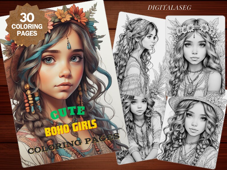 May include: A set of 30 coloring pages featuring cute boho girls with long flowing hair, floral crowns, and intricate jewelry. The pages are black and white and ready to be colored.