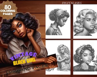 Vintage Black Girl Coloring Book: 80 Grayscale Pages (Printable PDF)