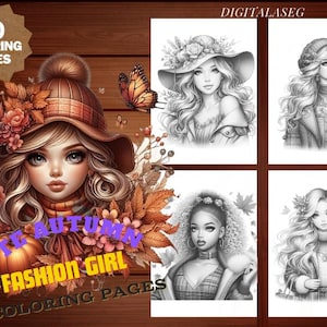 Może przedstawiać: Zestaw 90 stron do kolorowania przedstawiający urocze dziewczyny w jesiennej modzie. Strony zawierają dziewczynę w kapeluszu z jesiennymi liśćmi, dziewczynę z wiankiem z kwiatów i dziewczynę w szaliku. Na obrazku widnieje tekst "Cute Autumn Fashion Girl Coloring Pages".